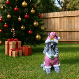 Christmas Poodle Statue, Holiday Dog Figurine in Pink Santa Outfit