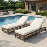 Outdoor Chaise Lounge Chair Wicker Adjustable Recline Beige/Grey Brown