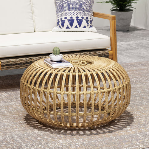OTTAWA Coffee Table-Bohemian Faux Rattan Weave Accent Table for Indoor Outdoor Use, Handcrafted Round Side Table for Living Room, Patio, Garden,Light Brown Color (Original SKU:70906.00)