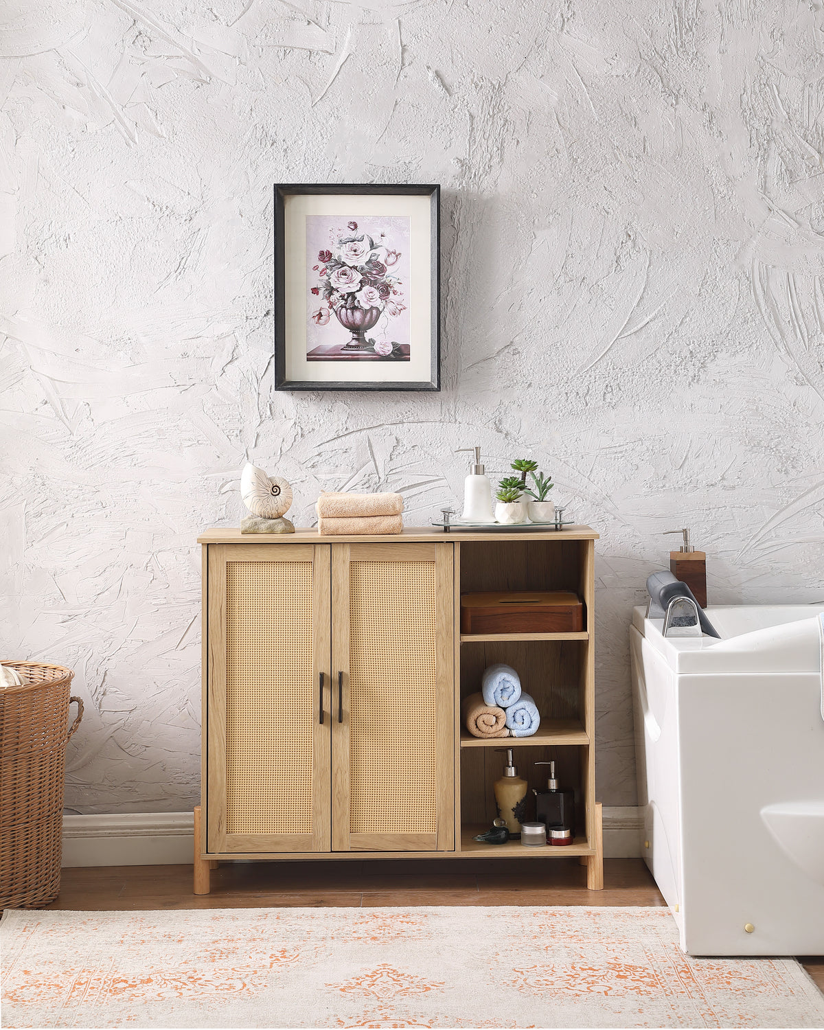 Mid-Century Modern Storage Cabinet with Woven Rattan Doors