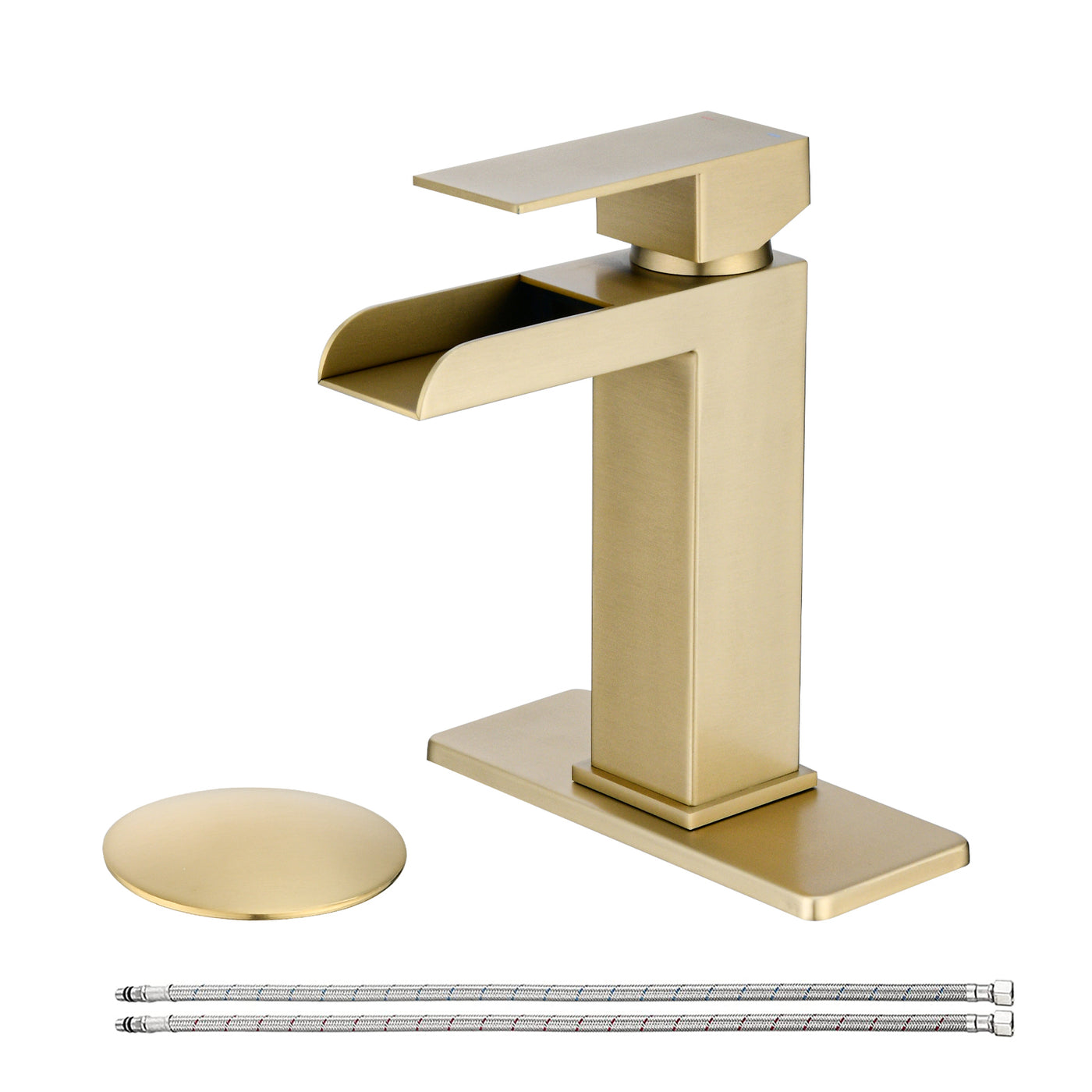 Brushed Gold Waterfall Bathroom Sink Faucet Single Handle Deck Plate