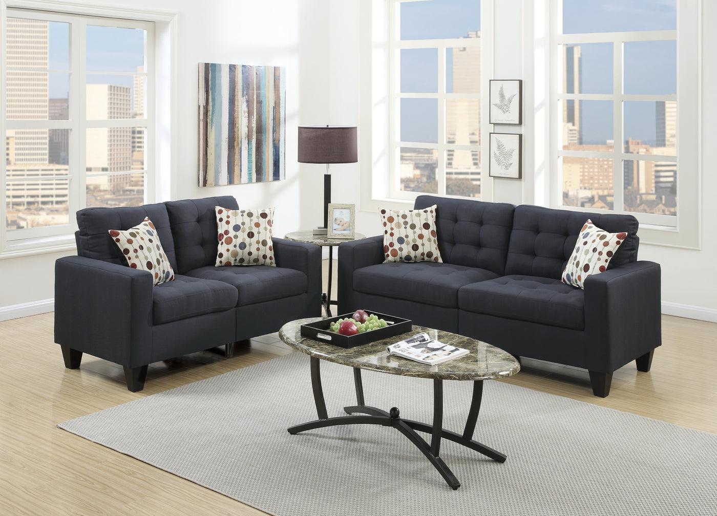 2pc Black Polyfiber Tufted Sofa Set Loveseat w Pillows