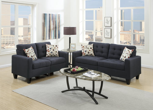 2pc Black Polyfiber Tufted Sofa Set Loveseat w Pillows