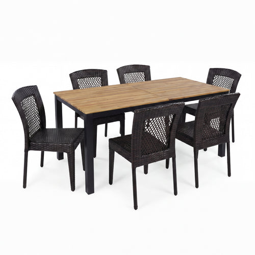 7-Piece Acacia Wood Outdoor Dining Set with Rattan Chairs