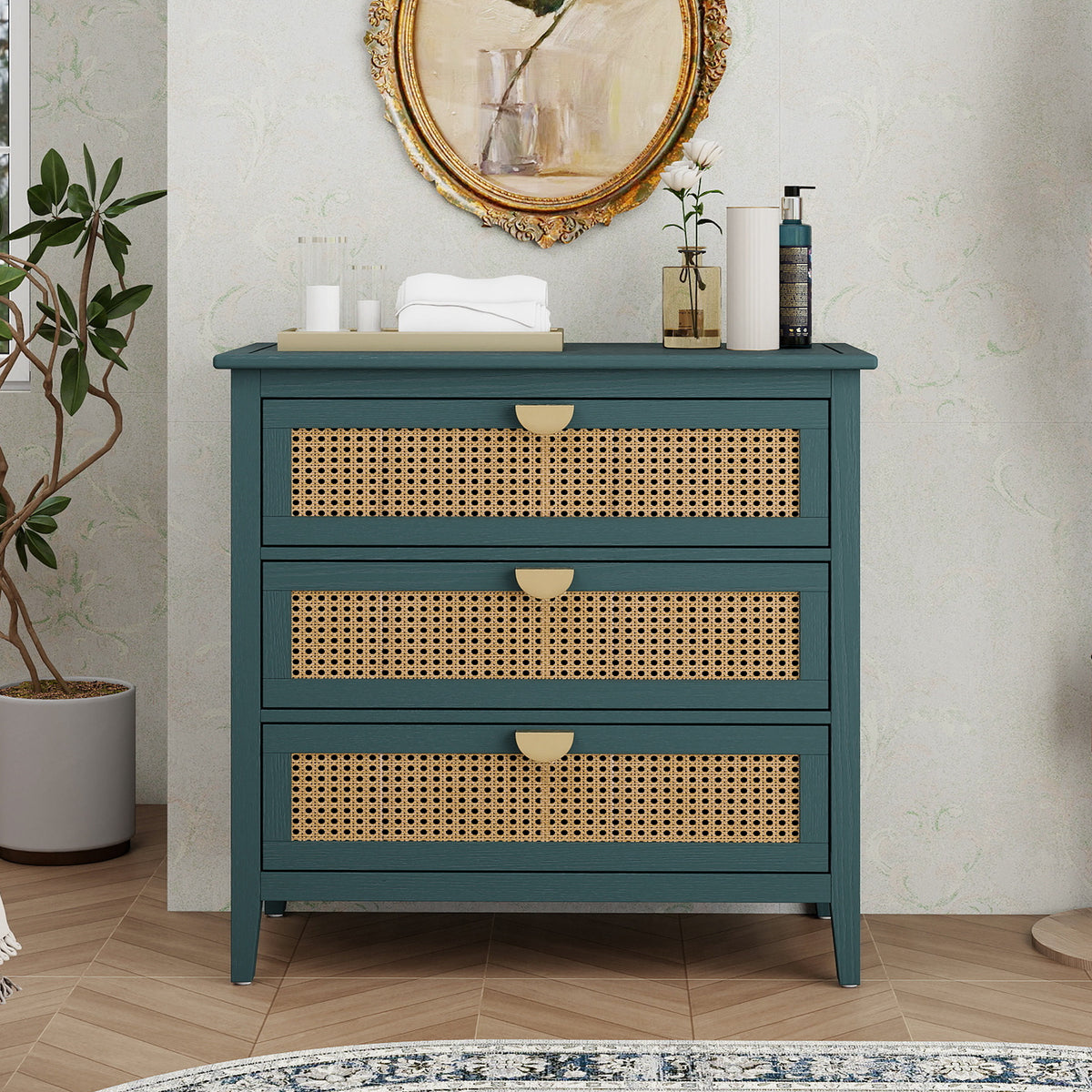 3 Drawer Cabinet, Natural rattan, American Furniture, Suitable for bedroom