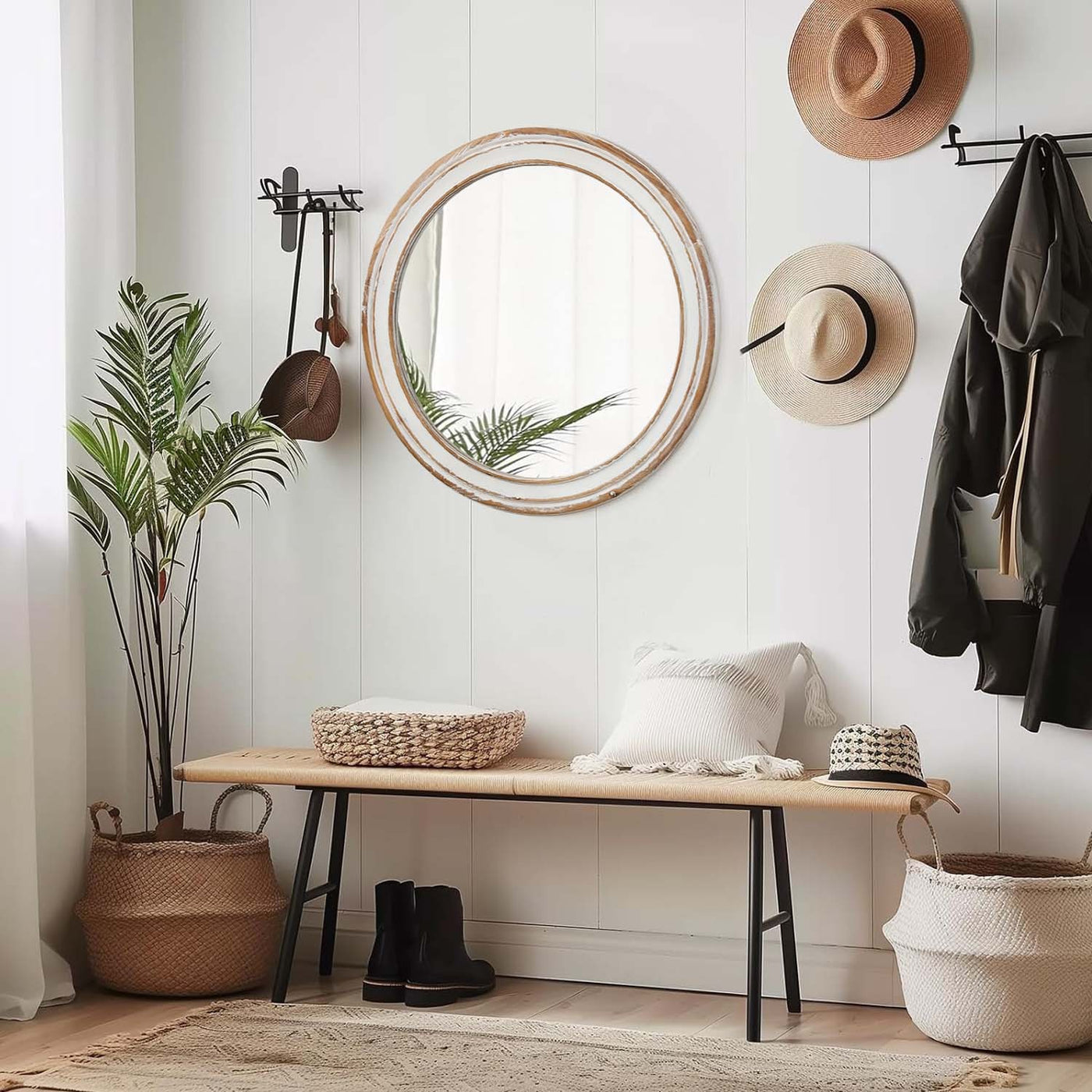 27.5" Round Whitewash Wooden Farmhouse Wall Mirror