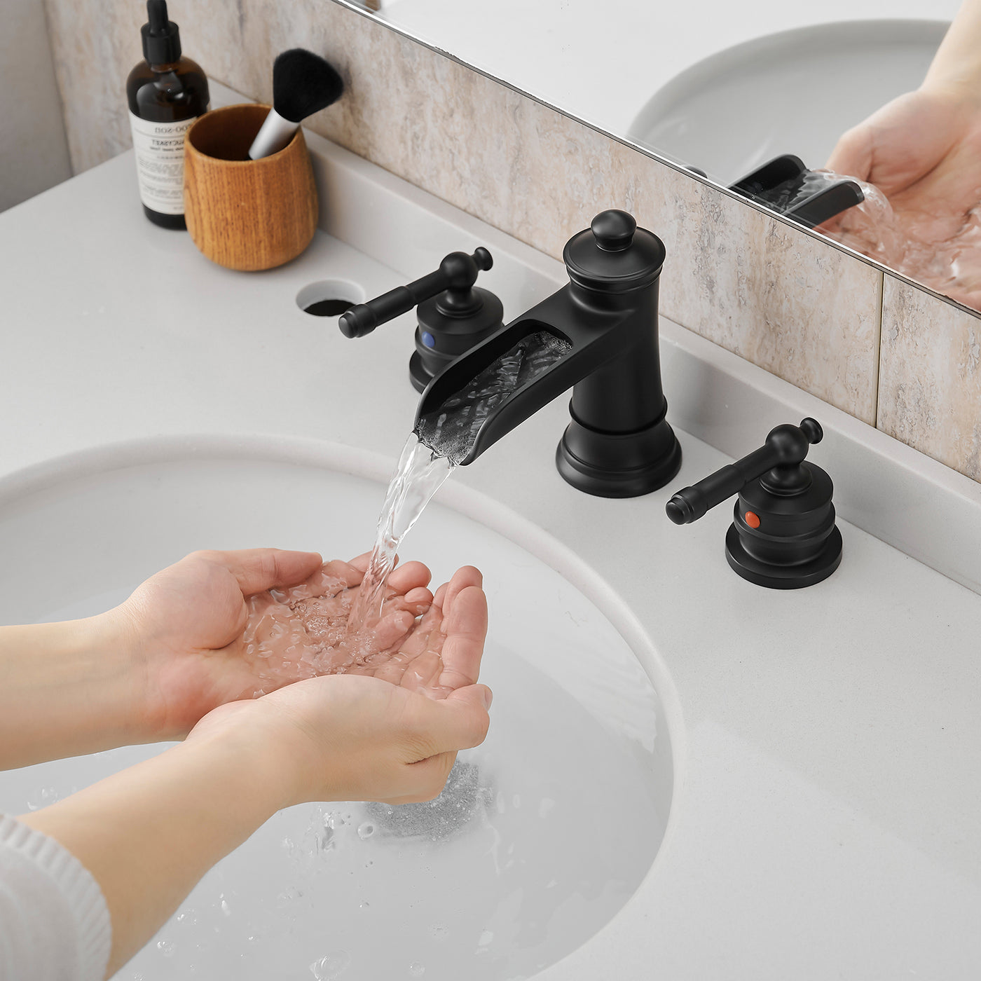 Black 8" Widespread 3-Hole Bathroom Sink Faucet Double Lever