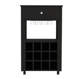Bar Cart - Black - 12 Bottle Racks - Drawer and Shelf - 39"H