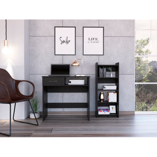 Home Office Desk & Bookcase Set - Black - Drawer & Keyboard Tray