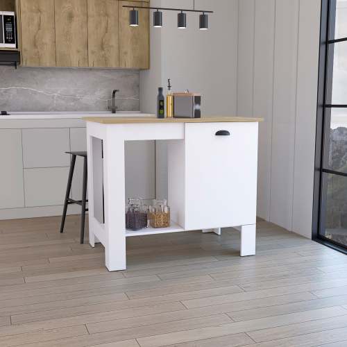 Kitchen Island 35"H - Storage Cabinet - Open Shelf - White/Macadamia