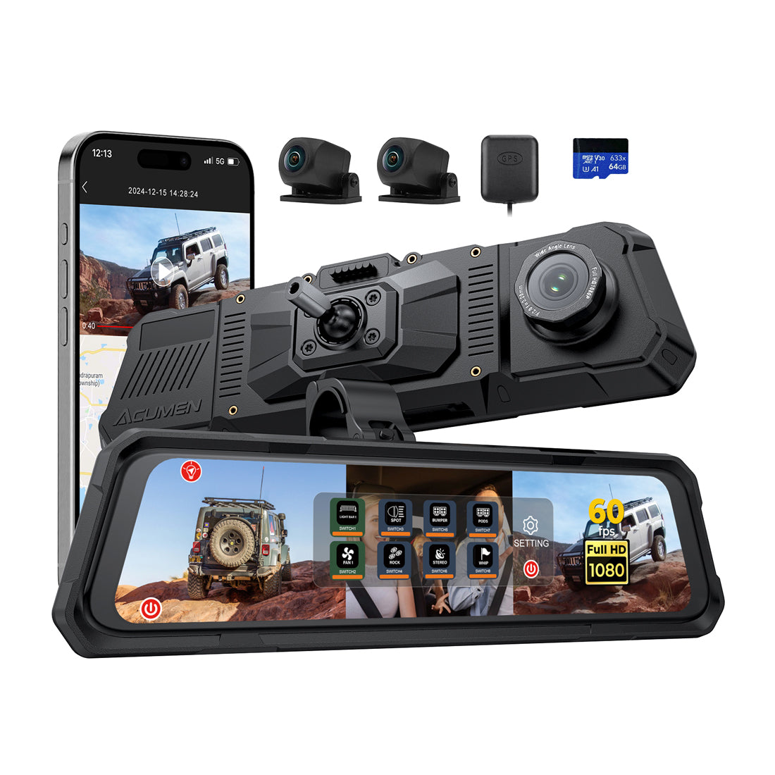 The Legend 3CH Waterproof Mirror Dash Cam 1080P 60fps 3-Cam