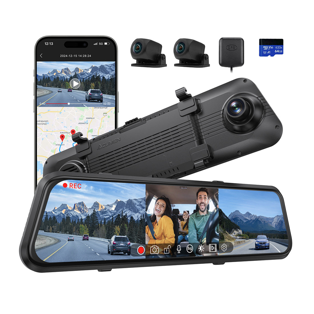 M4 3CH Mirror Dash Cam 1080P 60fps 12 Inch IPS Touchscreen