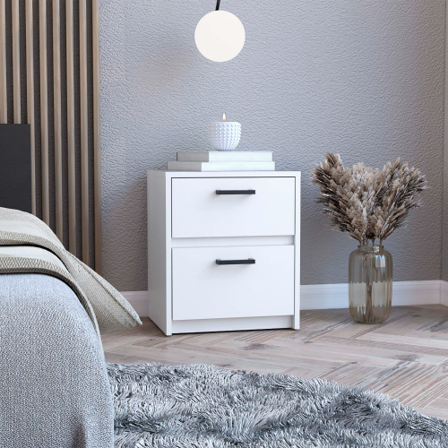 Nightstand - Two Drawers - Metal Handles - White - 18.3" High