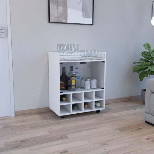 Bar Cart - White - 8 Bottle Racks - Glass Door - Casters - 32"H