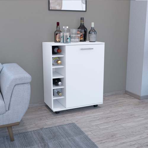 Rolling Bar Cart - White - 6-Bottle Rack & Door Cabinet - 32"H