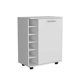Rolling Bar Cart - White - 6-Bottle Rack & Door Cabinet - 32"H