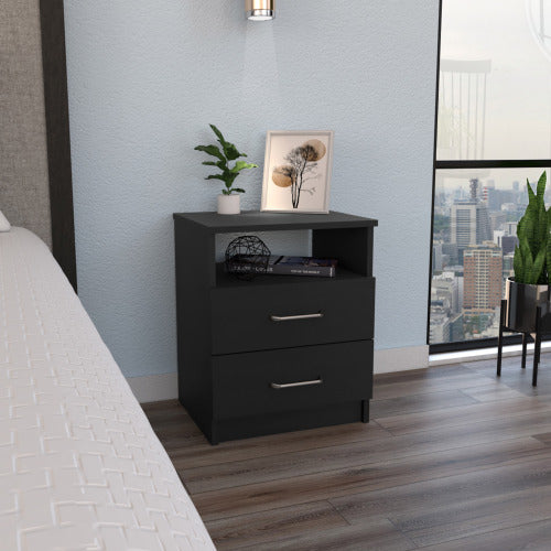 Nightstand - Modern - Black - Two Drawers with Top Shelf - 19.9"H