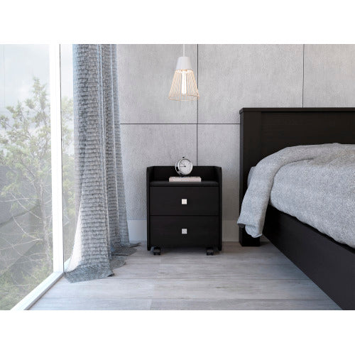 2-Drawer Nightstand - Black Laminate - Steel Knobs - 21.8"H