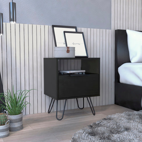 Nightstand - Industrial - Black - Hairpin Legs with Drawer & Shelf