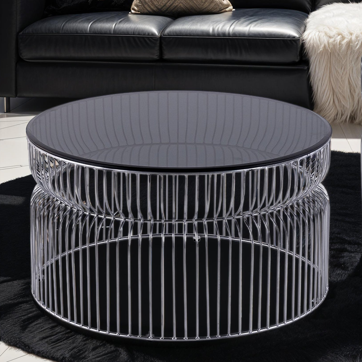 CT901 Modern Round Coffee Table 30" Chrome Metal Glass