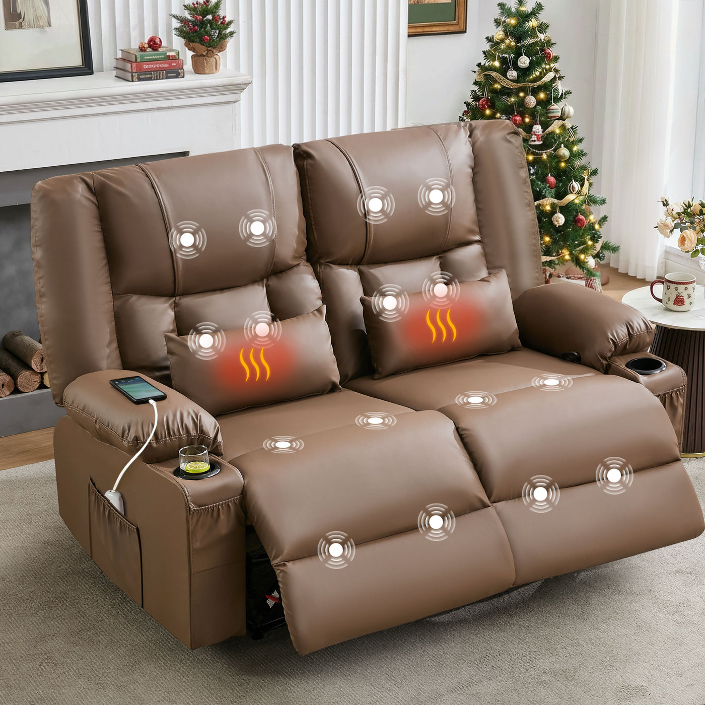 Manual Recliner Loveseat with Massage, Heat, Cup Holders - Brown