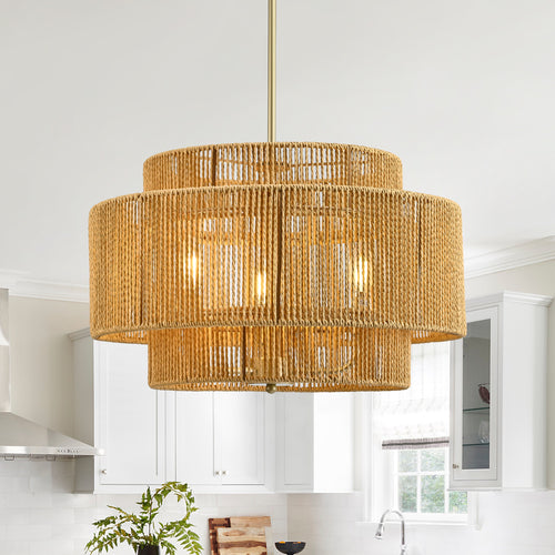 Boho Rattan 3-Light Chandelier Ceiling Pendant Lamp