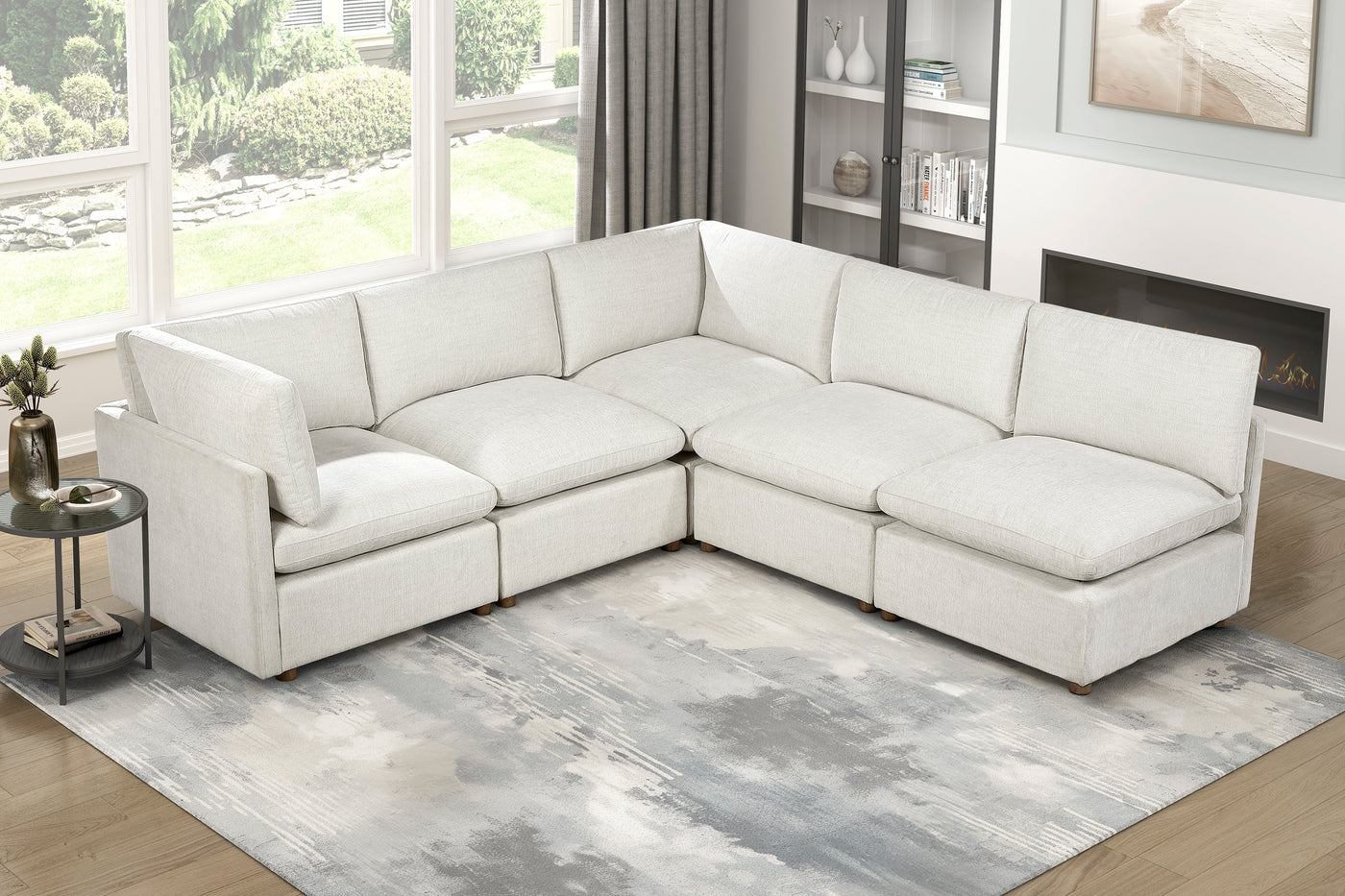 Modern 5-Piece Sectional Sofa Beige Fabric Solid Wood Frame