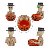 Halloween Skeleton Figurine with Pumpkin Candy Bowl & Candle Holder, Spooky Tabl