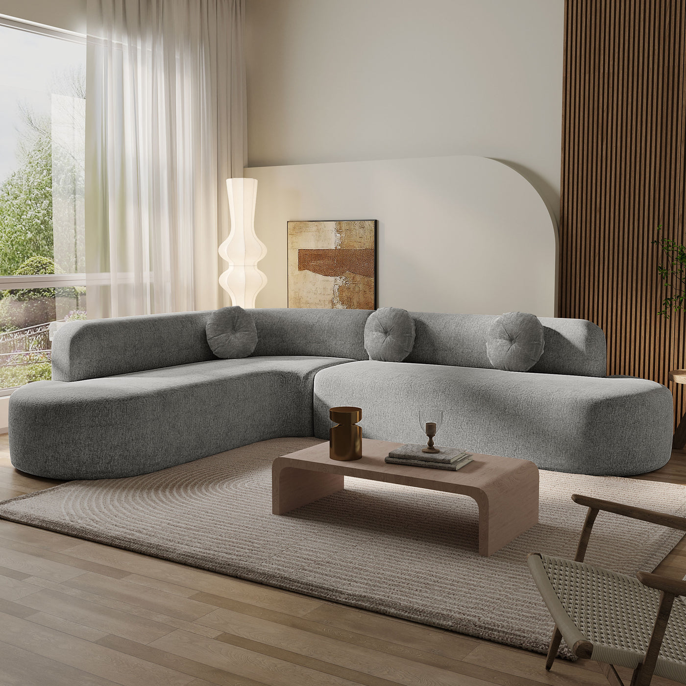 Sectional Sofa Curved Corner Chenille Gray 4 Seat 122 In 3 Pillows