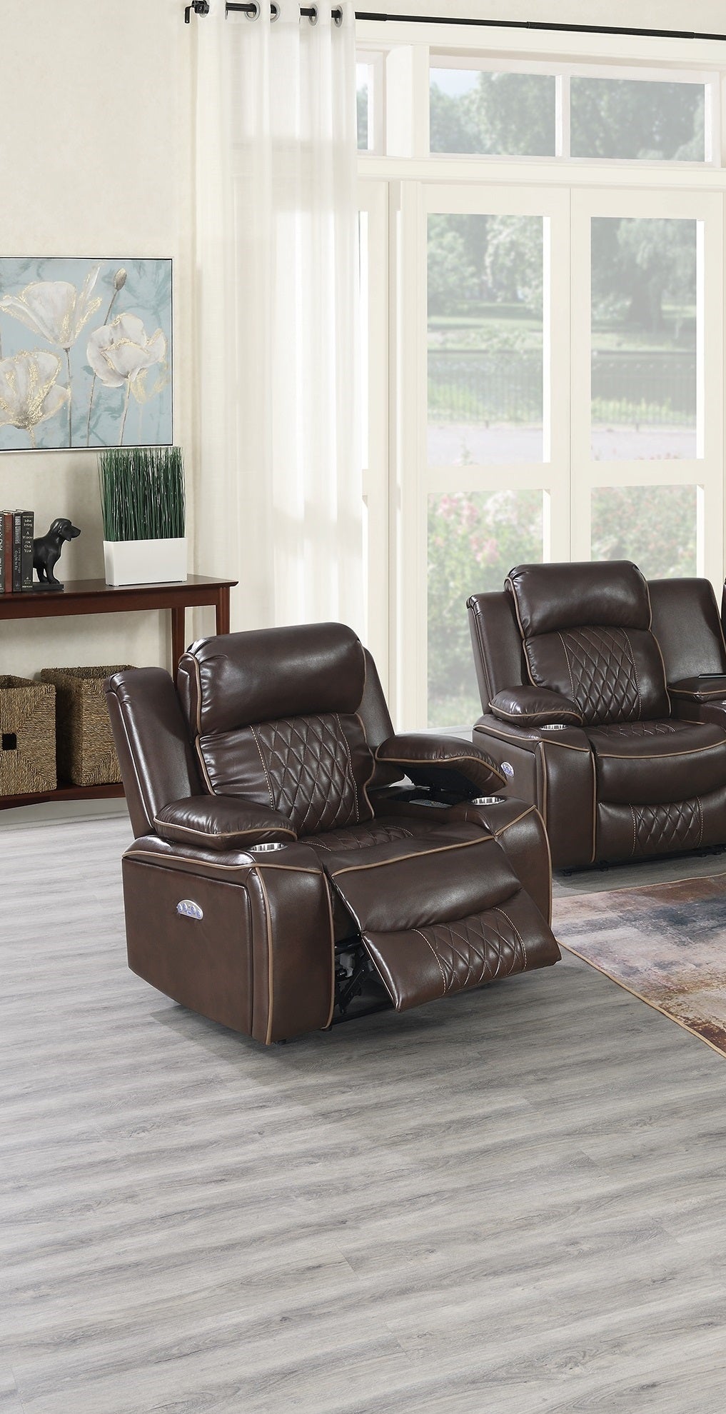 Power Motion Recliner Chair Brown Gel Leatherette Storage Arms