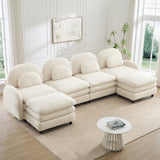 Sectional Sofa Modular Teddy Fleece Beige 4 Seat Curved Back with Ottomans