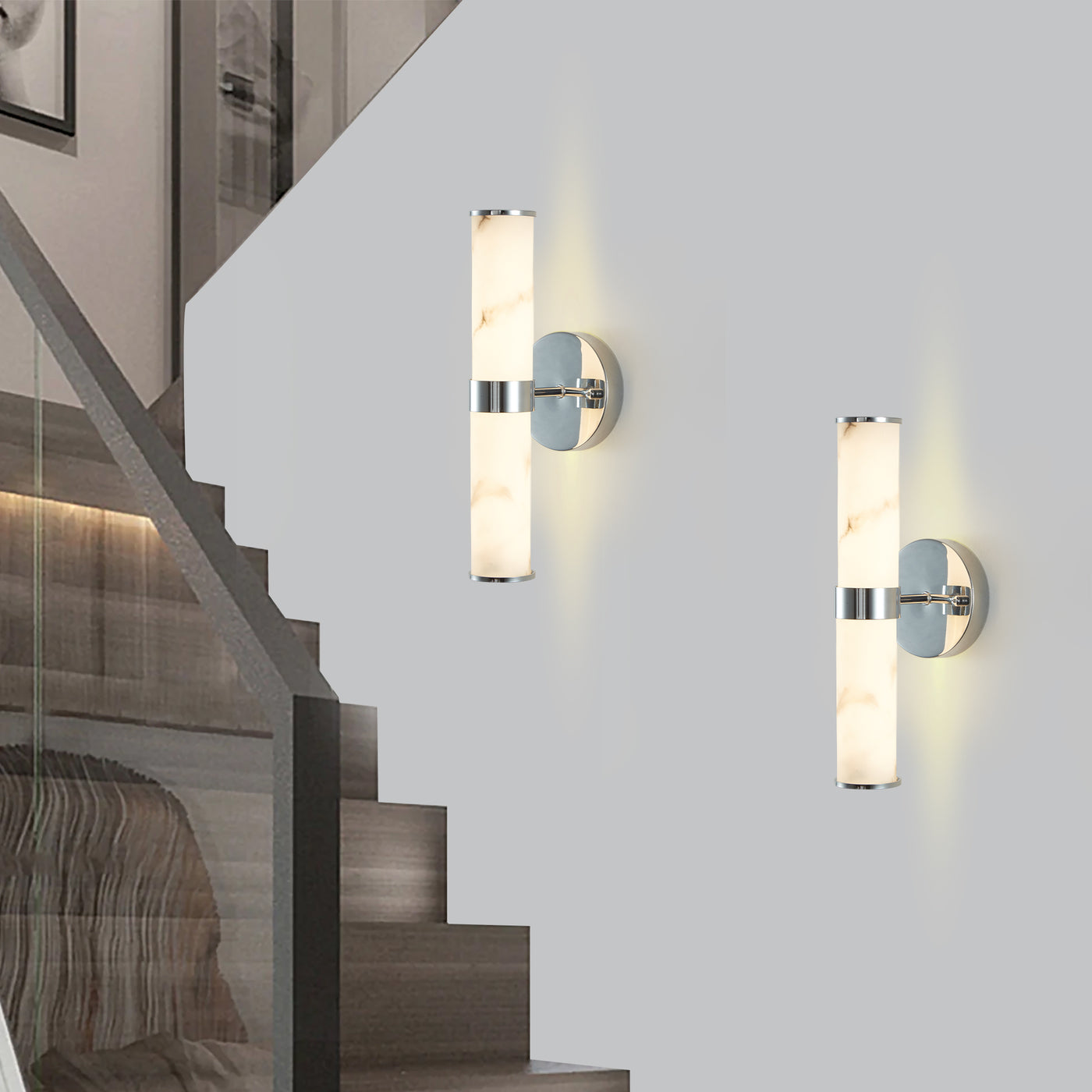 Set of 2 Modern Marble Chrome Wall Sconces for Bathrooms