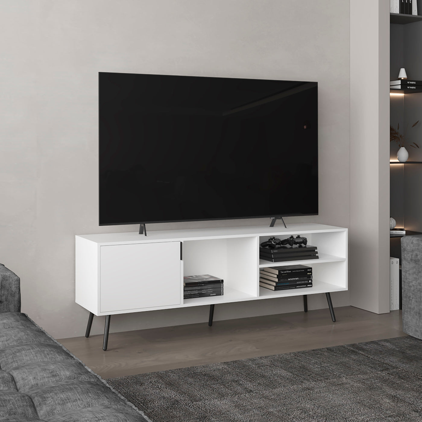 63" TV Stand with Cabinet and Open Shelves, White