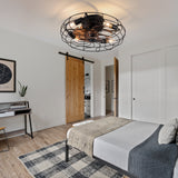 19-inch black wrought-iron cage-style ceiling fan light, featuring remote
