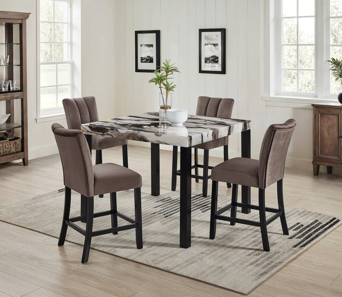 5pc Black/Brown Faux Marble Counter Height Dining Set