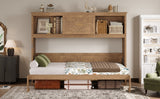 Twin Size Murphy Bed with Charging Station and Drawer in Wood Color, Solid Pine Wood + MDF