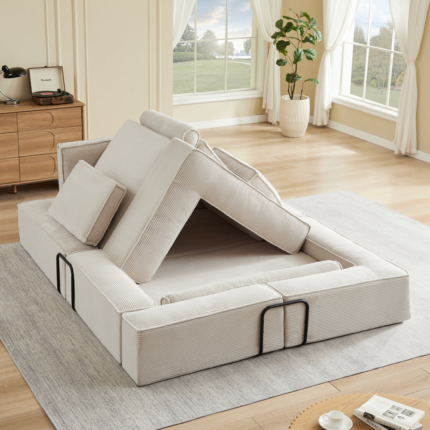Sectional Sofa Modular Suede Khaki 4 Seat Deep Seat Configurable