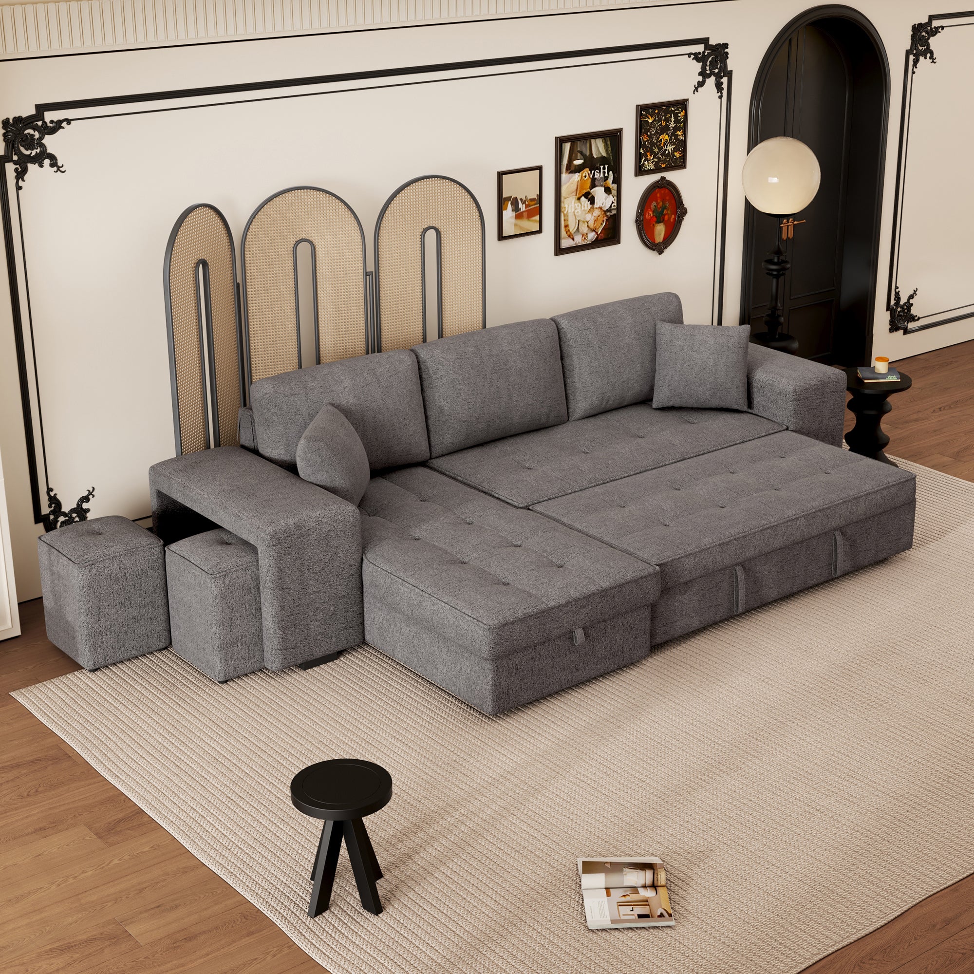 104.5 Modern L Shape Sectional Sofa With Sleeper And Storage Chaise Charcoal