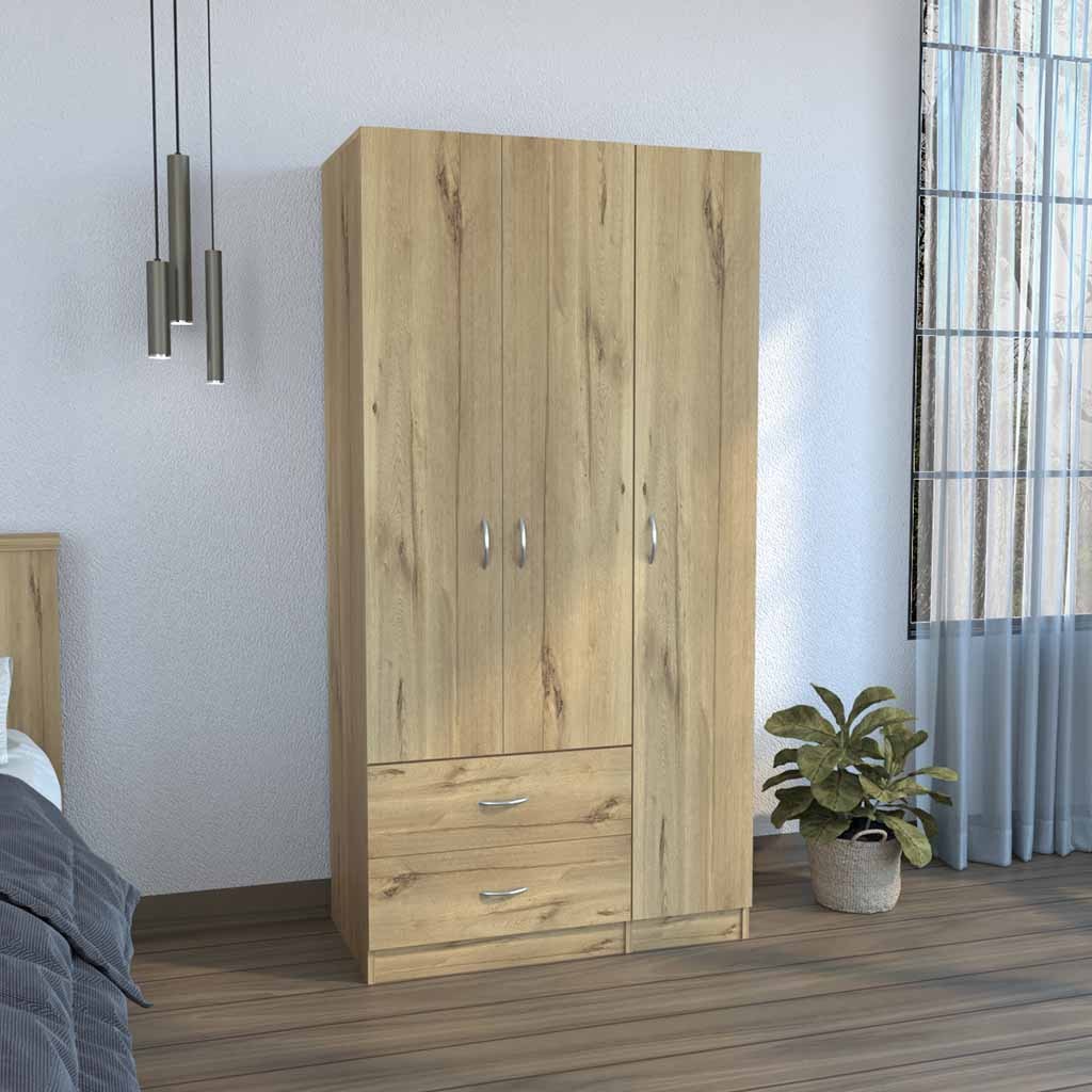 3 Door Armoire with Drawers Shelves Hanging Rod Light Oak Black