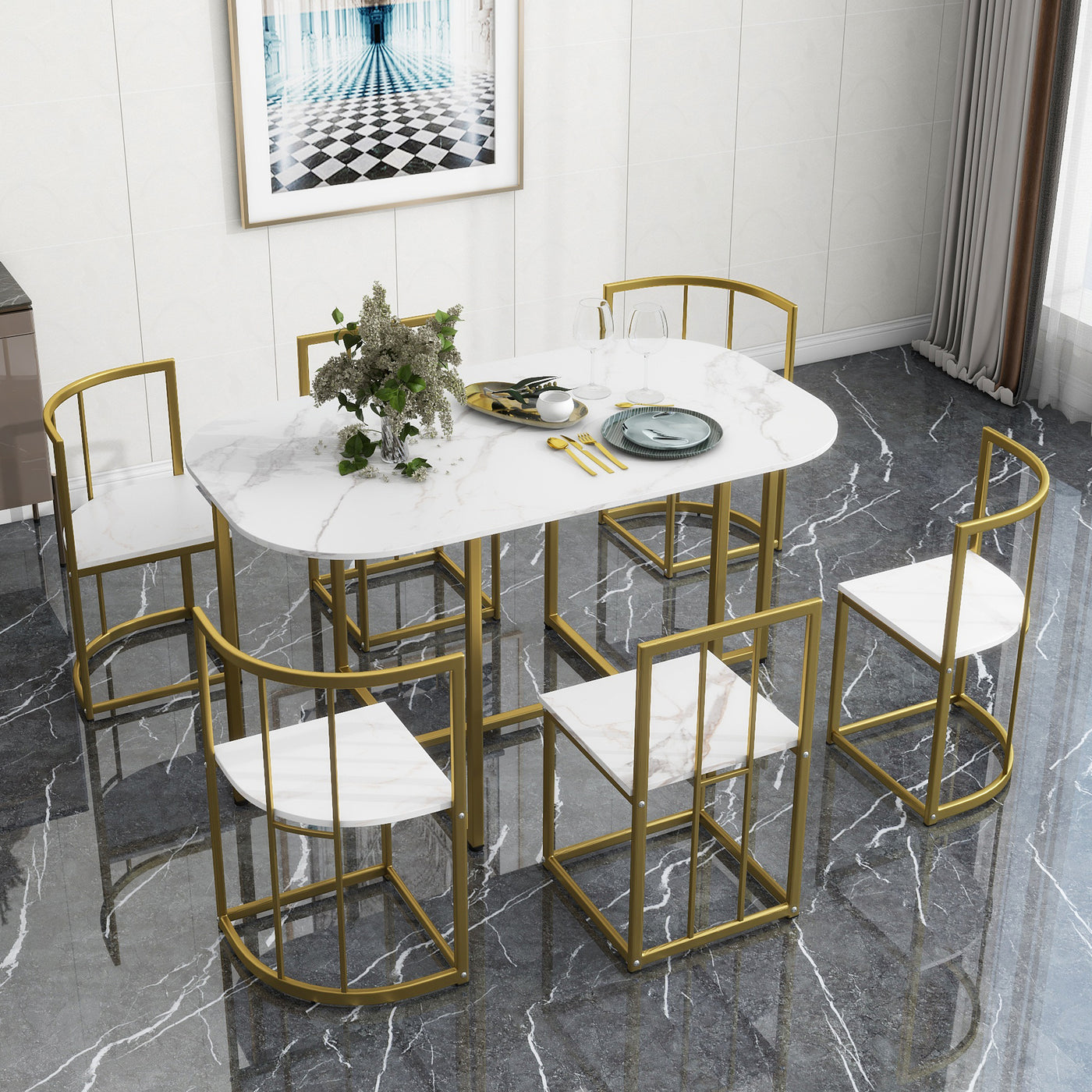TOPMAX Modern 7-Piece Dining Table Set with Faux Marble Compact 55Inch Kitchen Table Set for 6, Golden+White(OLD SKU:SP000017)