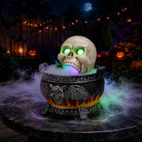 Halloween Skull Cauldron Statue with LED Light, Smoke Fog Effect Resin Decor