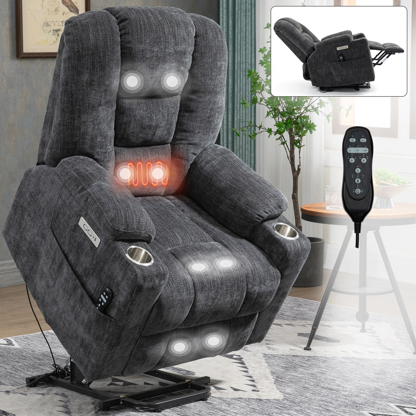 Power Lift Recliner Chair with Massage Heat USB Gray
