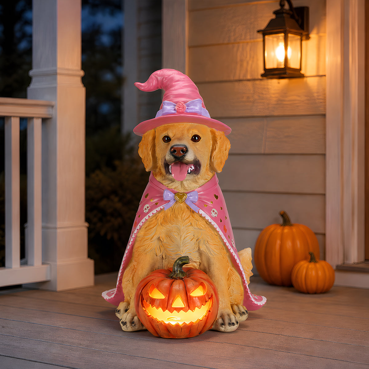 Halloween Golden Retriever Dog Statue, Large Sitting Dog Figurine with Pink Witc