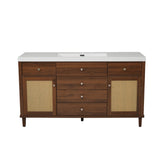 Modern 60' Bathroom Vanity with SMC Sink, Brown Solid Wood+MDF Cabinet, Rattan Doors, Soft Close Drawers, Silver Knobs, 5 Pine Legs