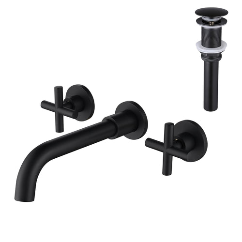 Wall Mounted Dual Handle Bathroom Sink Faucet Pop-Up Drain