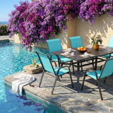Outdoor Dining Set Steel Wood Grain Textilene 7 Piece Seats 6