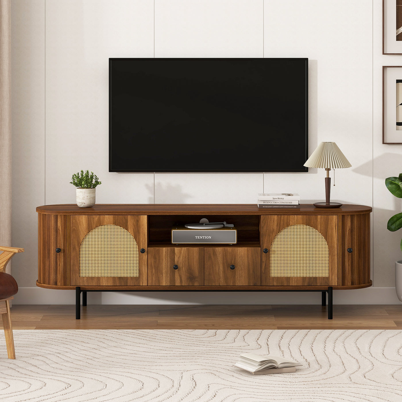 American Style TV Stand with Rattan Doors and Storage
