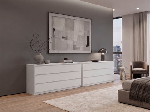 Dresser Minimalist Set of 2 6-Drawer White Particle Board Metal Legs 60.4 In
