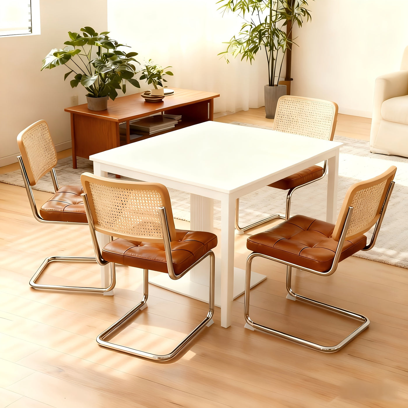Set of 4 Faux Leather Rattan Dining Chairs with Chrome Legs