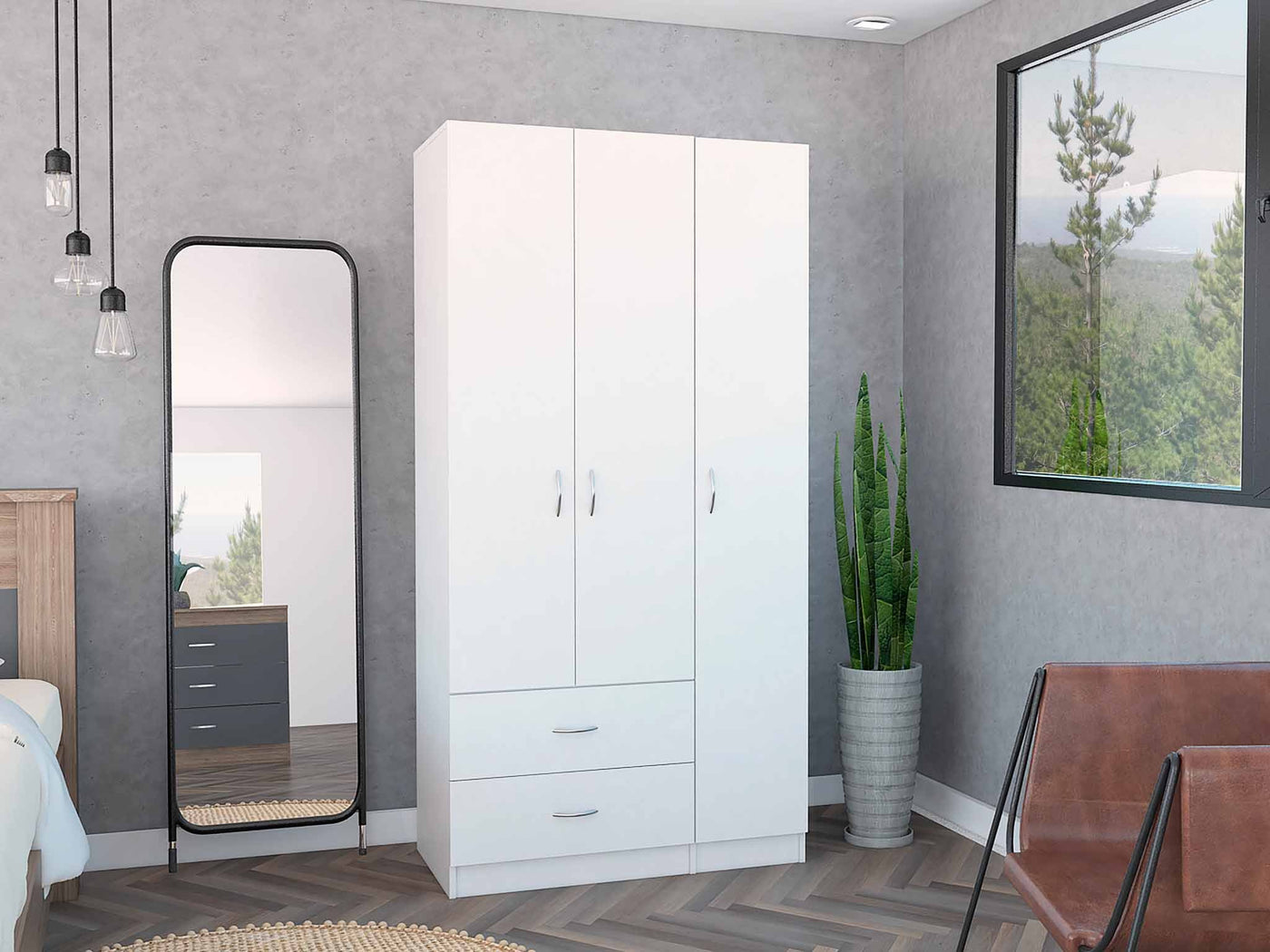 3 Door White Armoire with Drawers Shelves and Hanging Rod